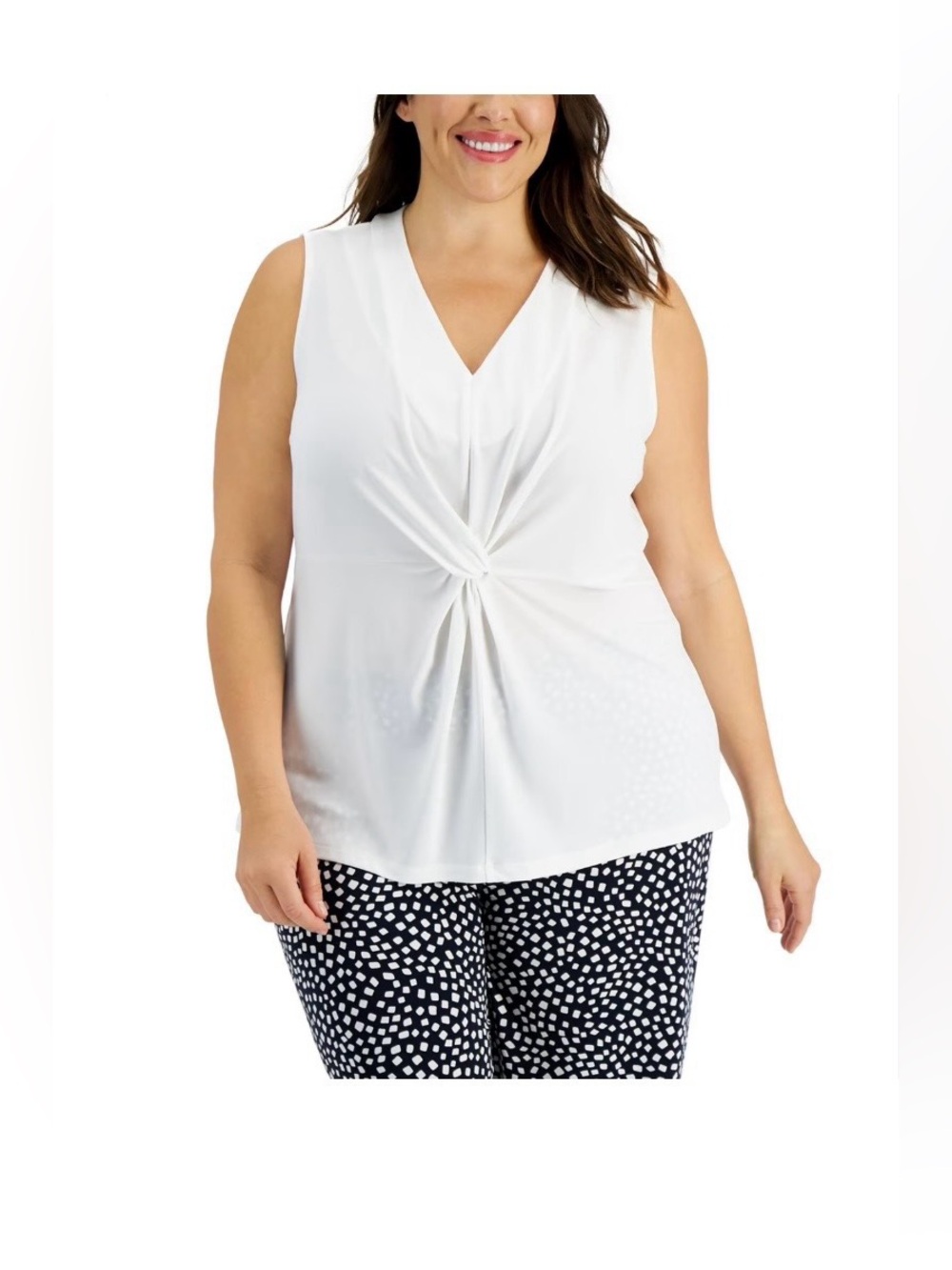 Alfani 1X White V Neck Twist Knot Front Sleeveless Top NWT